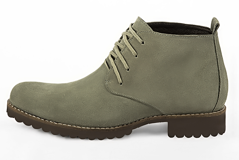 Khaki green dress ankle boots for men. Round toe. Flat rubber soles. Profile view - Florence KOOIJMAN